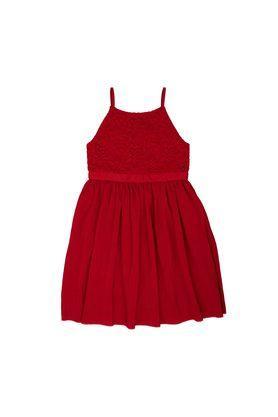 solid cotton round neck girls casual wear dress - red