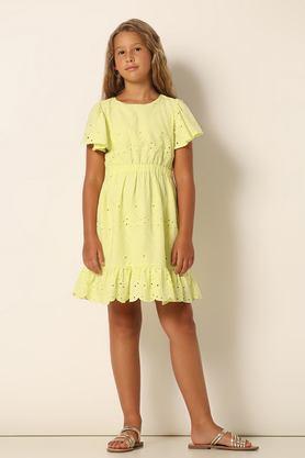 solid cotton round neck girls casual wear dress - yellow