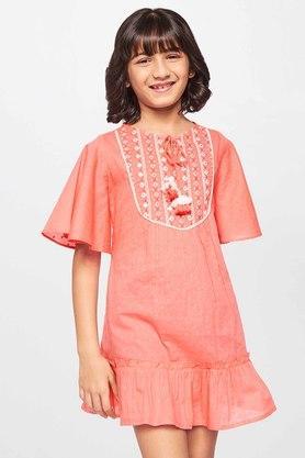 solid cotton round neck girls fusion dress - coral