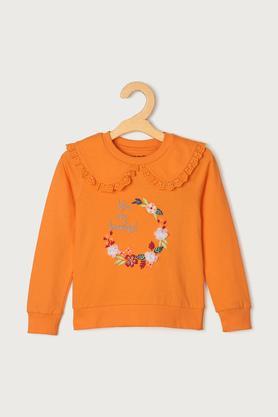 solid cotton round neck girls sweatshirt - orange