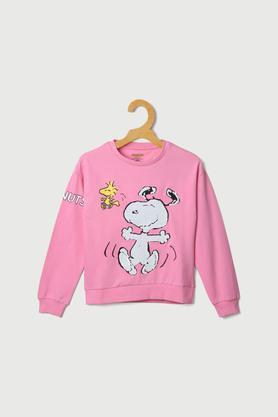 solid cotton round neck girls sweatshirt - pink