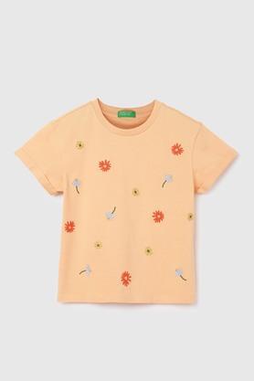 solid cotton round neck girls t-shirt - peach