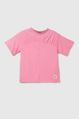 solid cotton round neck girls t-shirt - pink