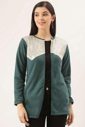 solid cotton round neck women's jacket - teal