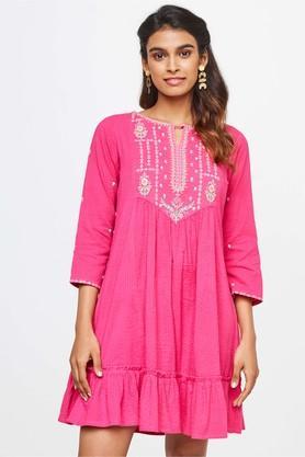 solid cotton round neck women's knee length dress - pink