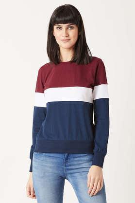 solid cotton round neck women's sweatshirt - multi