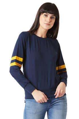 solid cotton round neck women's sweatshirt - navy