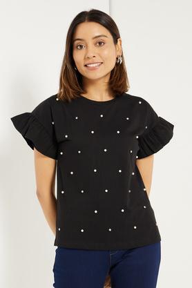 solid cotton round neck women's t-shirt - black