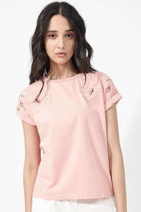 solid cotton round neck women's t-shirt - peach