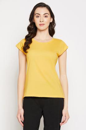 solid cotton round neck women's top - yellow