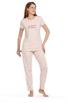 solid cotton round neck womens sleepwear set - pink
