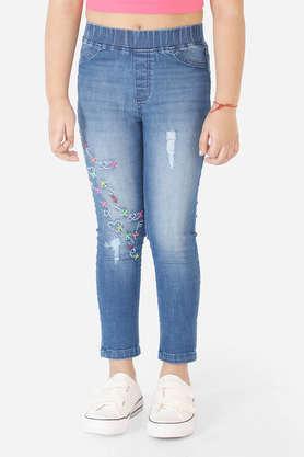 solid cotton skinny fit girls jeggings - blue