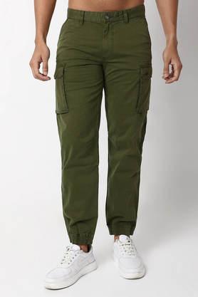 solid cotton skinny fit men's casual trousers - green