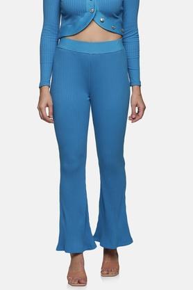 solid cotton skinny fit women's casual pants - blue