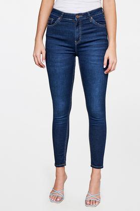 solid cotton skinny fit women's casual pants - mid blue