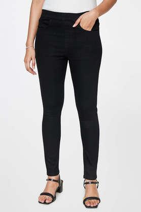 solid cotton skinny fit women's pants - black