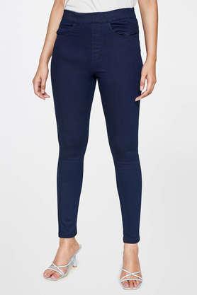 solid cotton skinny fit women's pants - dark blue