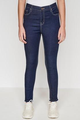 solid cotton skinny fit women's pants - indigo