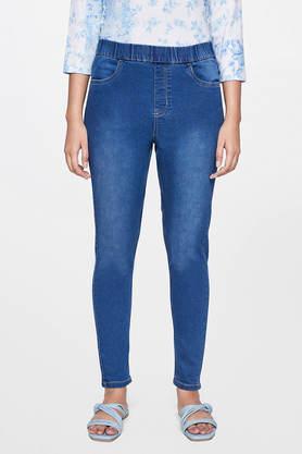 solid cotton skinny fit women's pants - mid blue