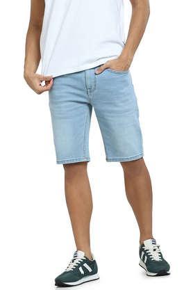 solid cotton slim fit men's casual shorts - blue