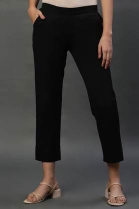 solid cotton slim fit women's trousers - black