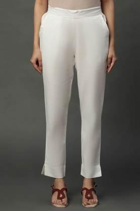 solid cotton slim fit women's trousers - white