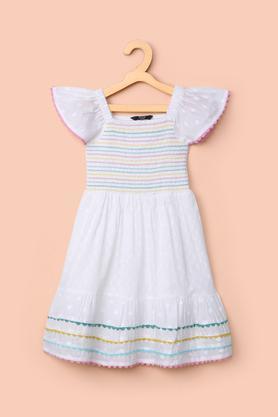 solid cotton square neck girl's casual wear dress - white