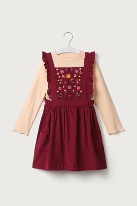 solid cotton square neck girls dress - maroon