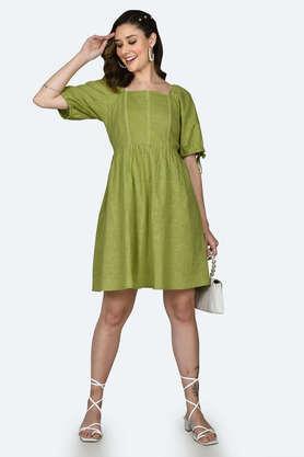 solid cotton square neck women's mini dress - green