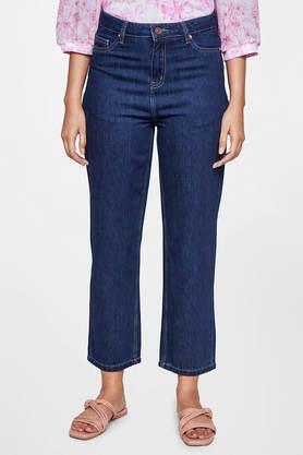 solid cotton straight fit women's pants - dark blue