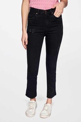 solid cotton straight fit women's trousers - charcoal