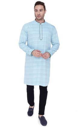 solid cotton tapered fit men's casual kurta - cyan