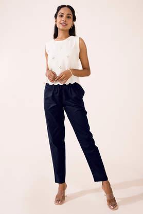 solid cotton tapered fit women's pants - navy