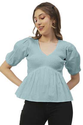 solid cotton v neck women's top - dusty blue