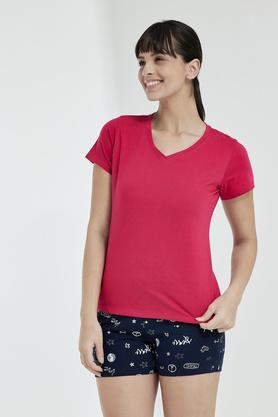 solid cotton v neck womens t-shirt - fuchsia
