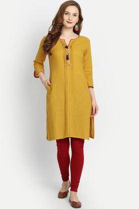 solid cotton v-neck women's casual wear kurti - mustard