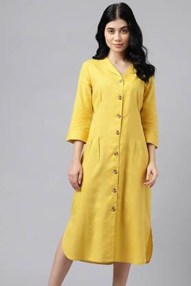 solid cotton v-neck women's formal dress - yellow