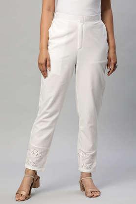solid cotton women's casual wear pant - white