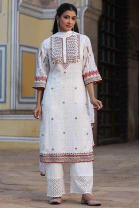solid cotton woven women's kurta pant dupatta set - white