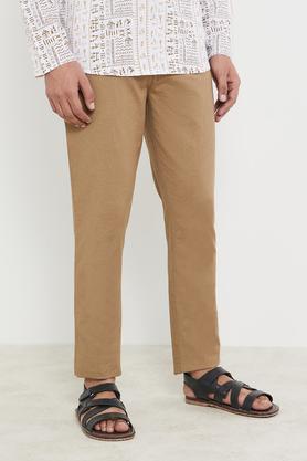 solid cotton-linen blend mens casual wear pants - khaki
