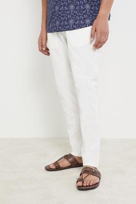 solid cotton-linen blend mens casual wear pants - white