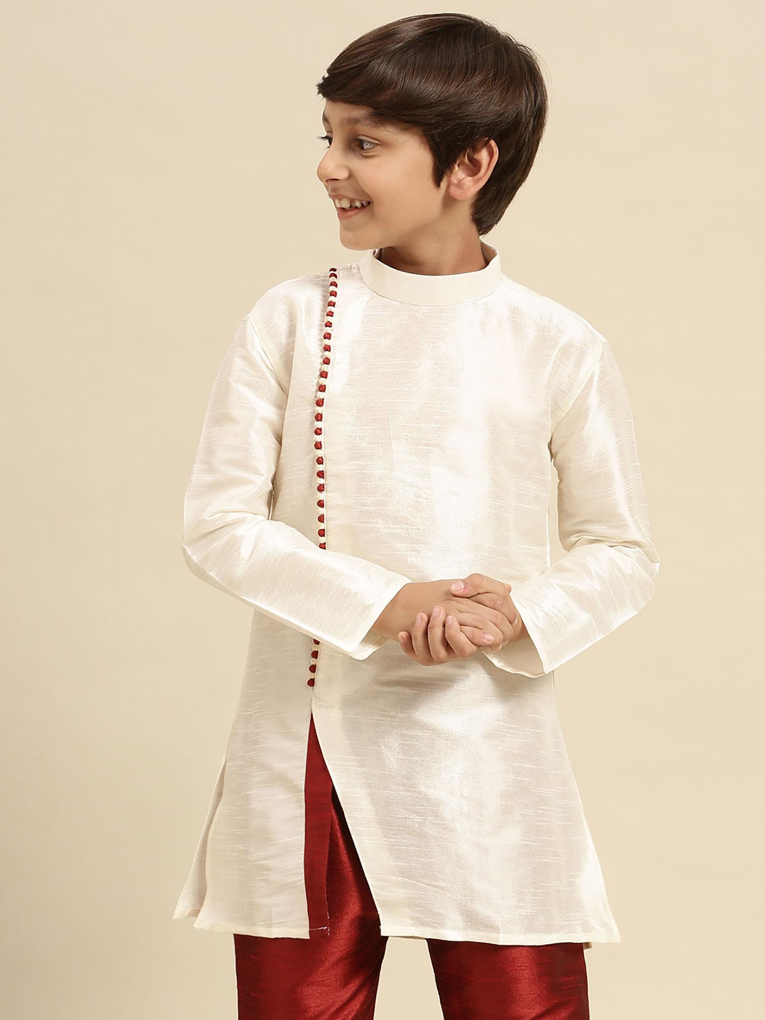 solid cream art silk kurta for boys