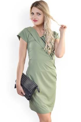 solid crepe collared women's knee length dress - green