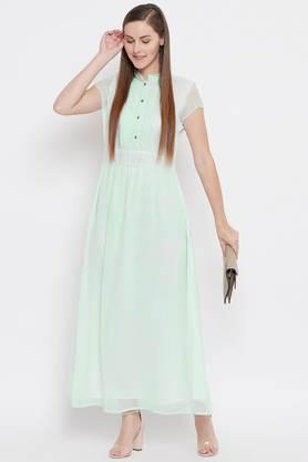 solid crepe collared women's knee length dress - sea green
