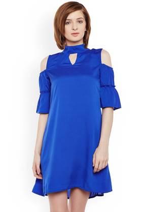 solid crepe halter neck women's mini dress - blue