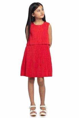 solid crepe round neck girls fusion wear dresses - red