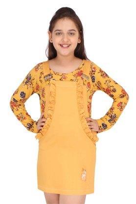 solid denim and cotton knit square neck girls casual wear dress - mustard