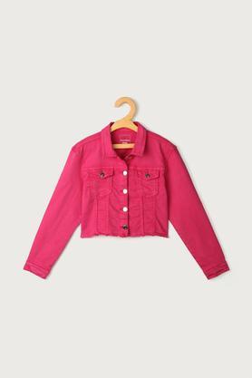 solid denim collar neck girls jacket - dark pink