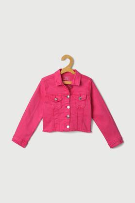 solid denim collar neck girls jacket - dark pink