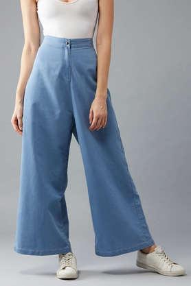 solid denim oversized fit women's pants - blue